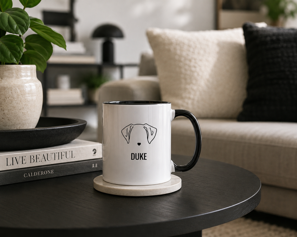 Personalized Dog Name Coffee Mug — Minimal Puppy Outline "Duke" Accent Mug