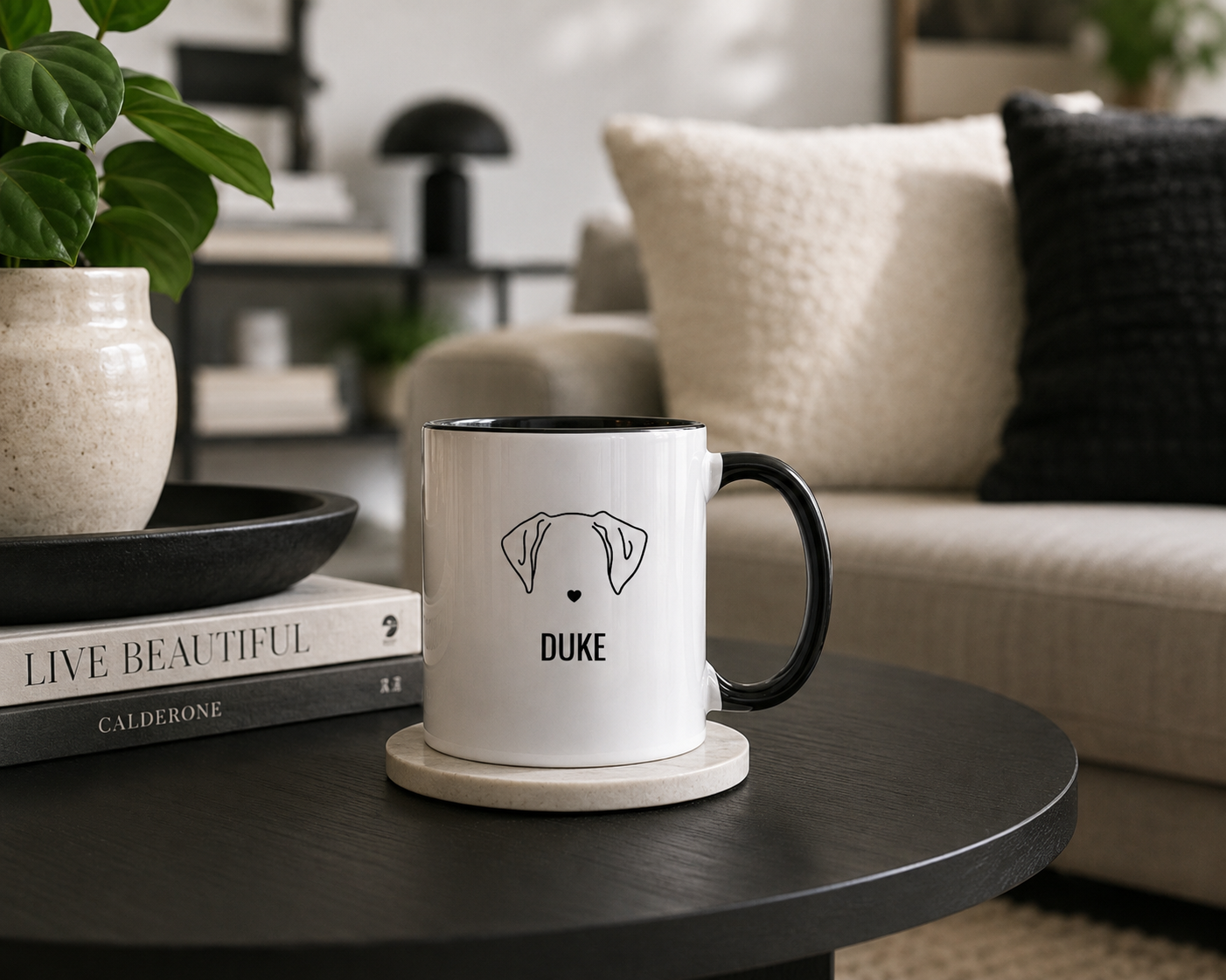 Personalized Dog Name Coffee Mug — Minimal Puppy Outline "Duke" Accent Mug