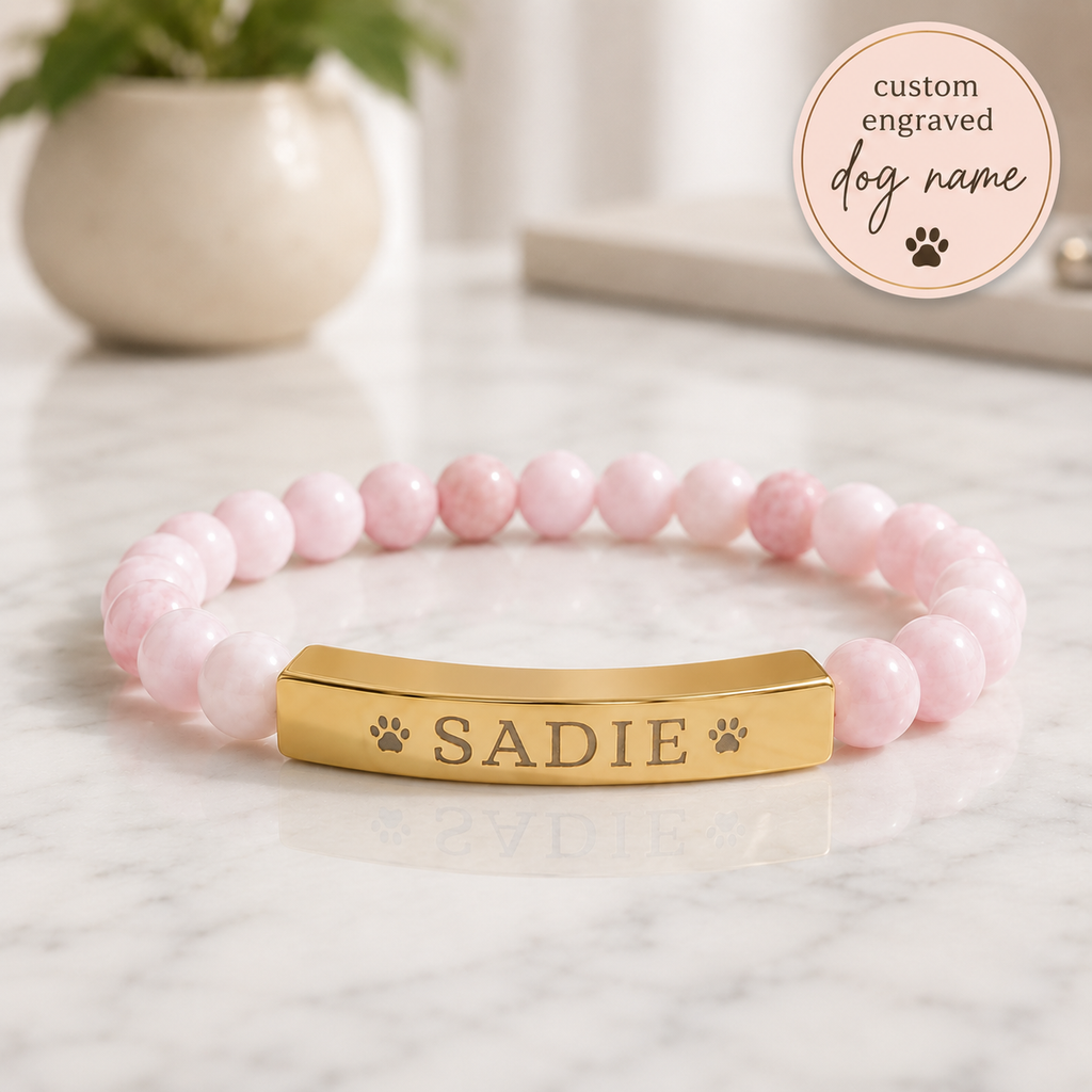 Engravable Natural Stone Stretch Bar Bracelet — Personalized Dog Name Beaded Bracelet
