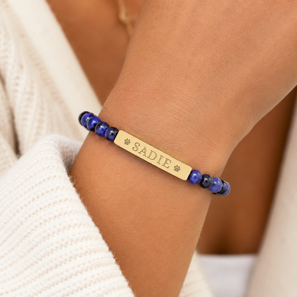 Engravable Natural Stone Stretch Bar Bracelet — Personalized Dog Name Beaded Bracelet