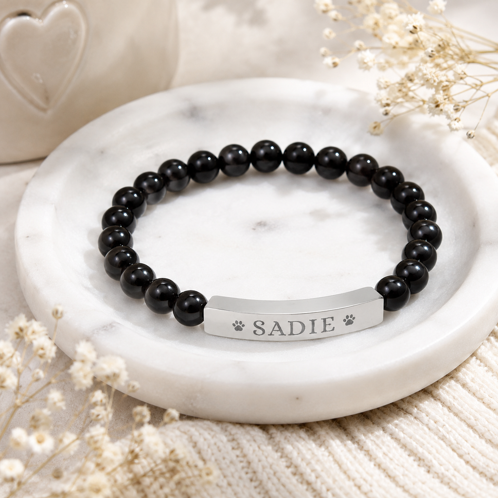 Engravable Natural Stone Stretch Bar Bracelet — Personalized Dog Name Beaded Bracelet