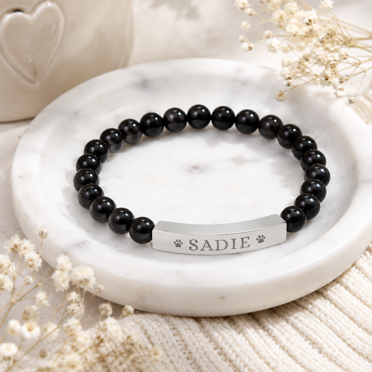 Engravable Natural Stone Stretch Bar Bracelet — Personalized Dog Name Beaded Bracelet
