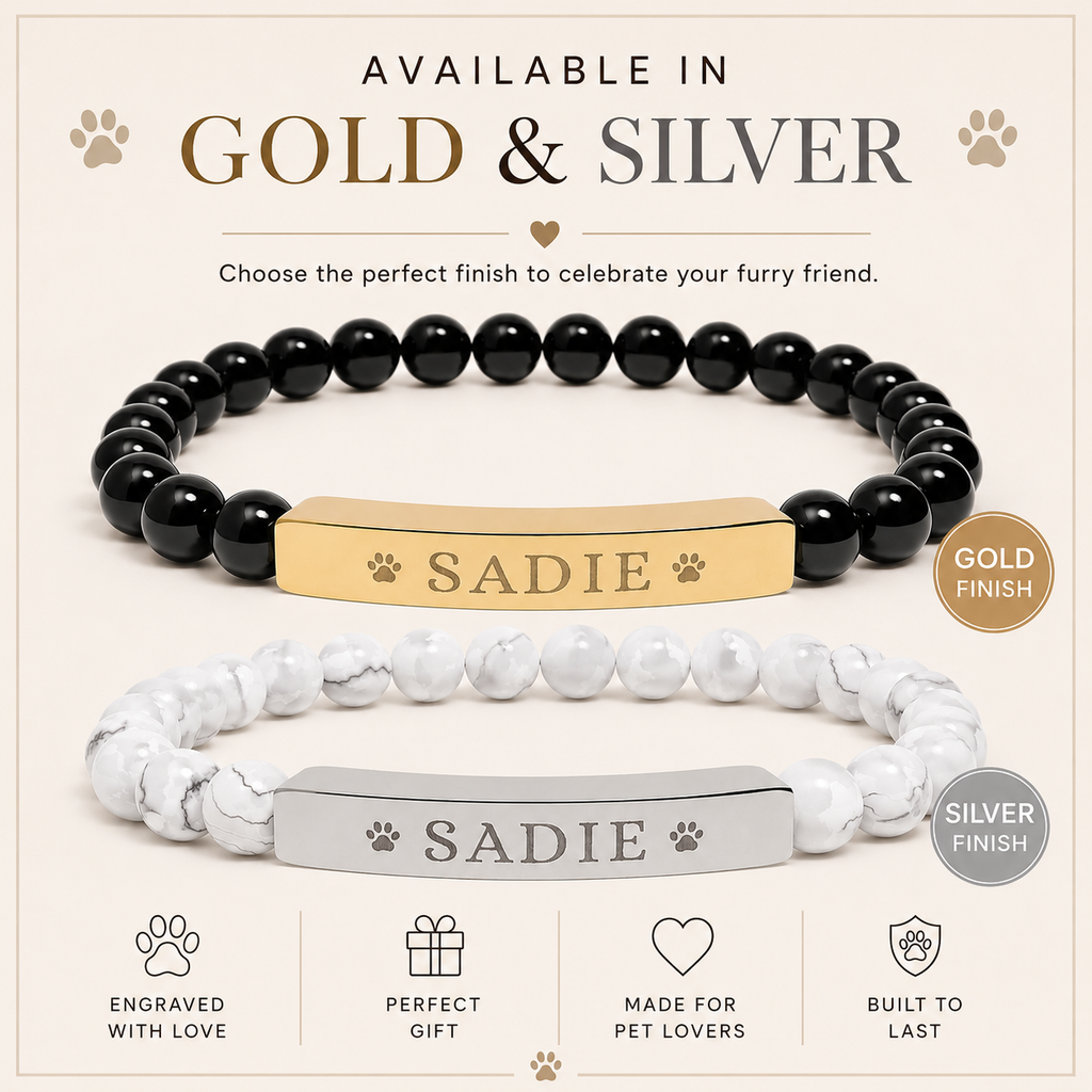 Engravable Natural Stone Stretch Bar Bracelet — Personalized Dog Name Beaded Bracelet