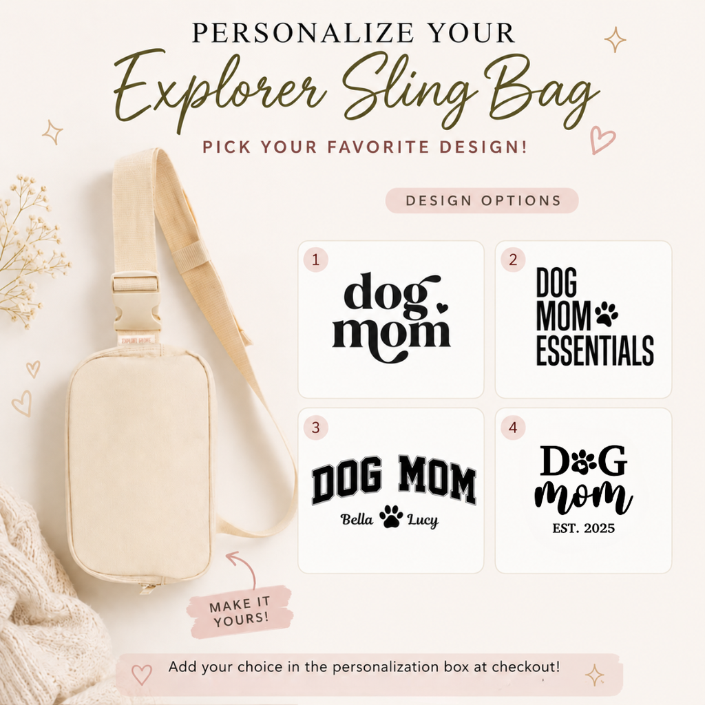 Beige explorer sling bag with customizable text options on a light background