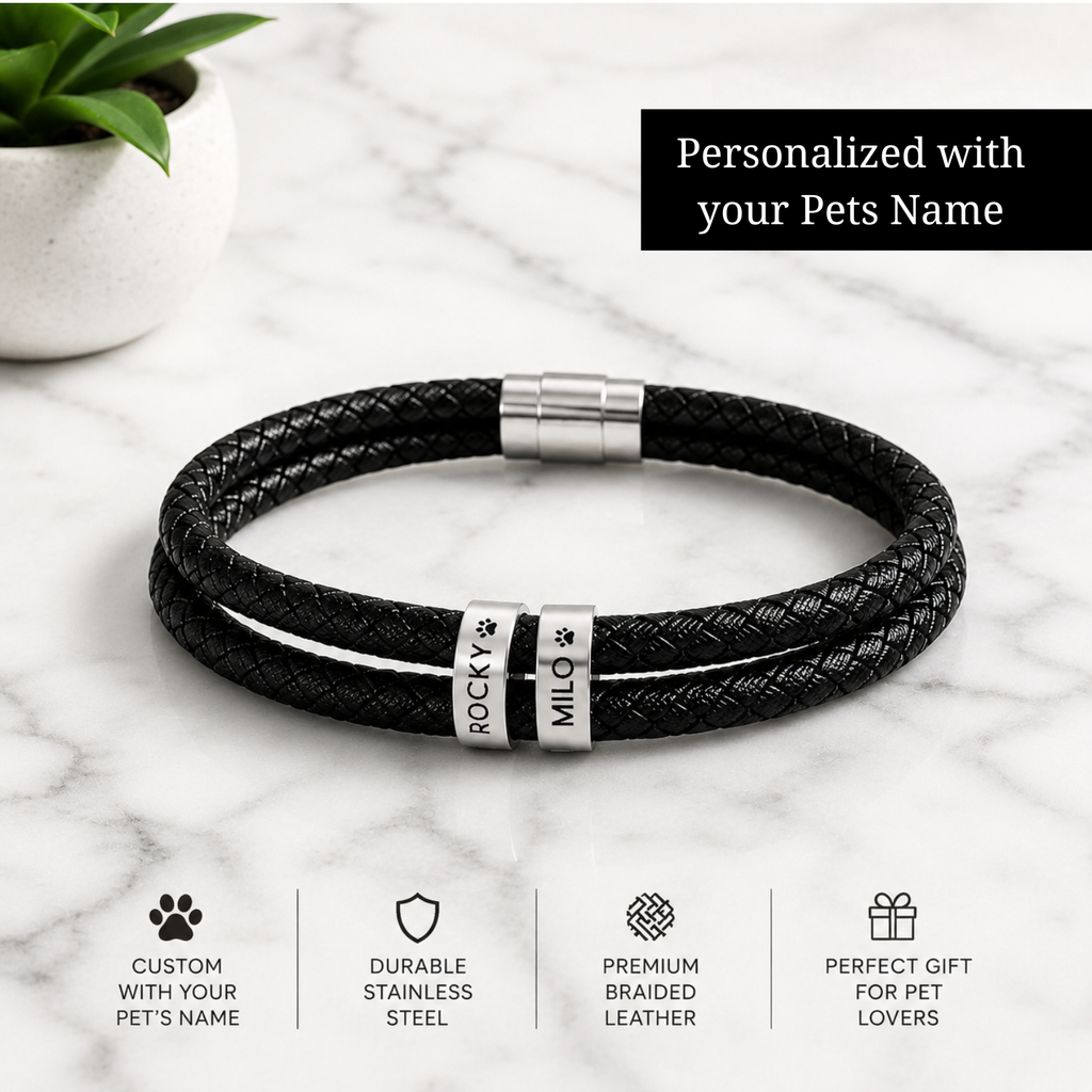 Engravable Black Braided Leather Bracelet with Stainless Steel Beads