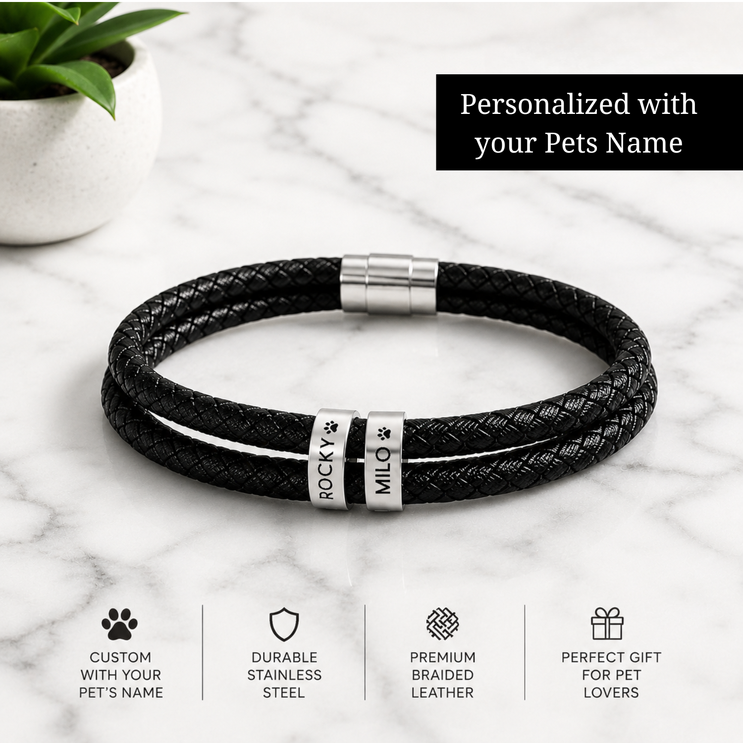 Engravable Black Braided Leather Bracelet with Stainless Steel Beads