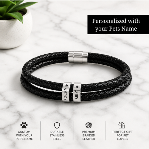 Engravable Black Braided Leather Bracelet with Stainless Steel Beads
