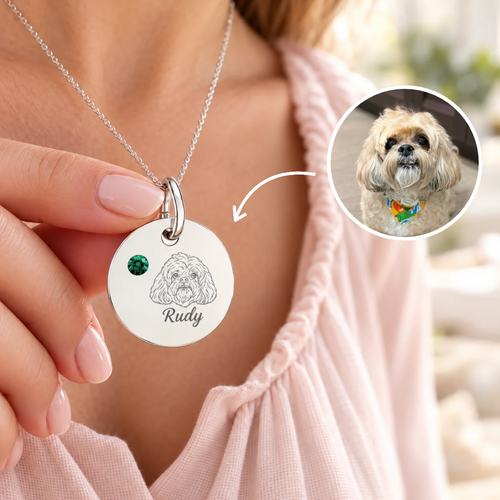 Engraved Birthstone Circle Charm — Personalized Pet Name & Birthstone Pendant