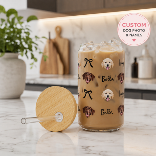 Personalized Dog Face Sipper Glass – 16oz Clear Tumbler with Bamboo Lid & Straw (Custom Name)