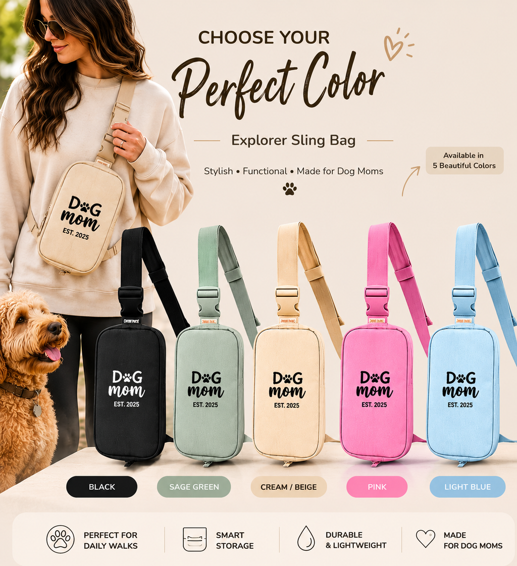 Explorer Sling Bag for dog moms in various colors with a woman and dog in the background.
