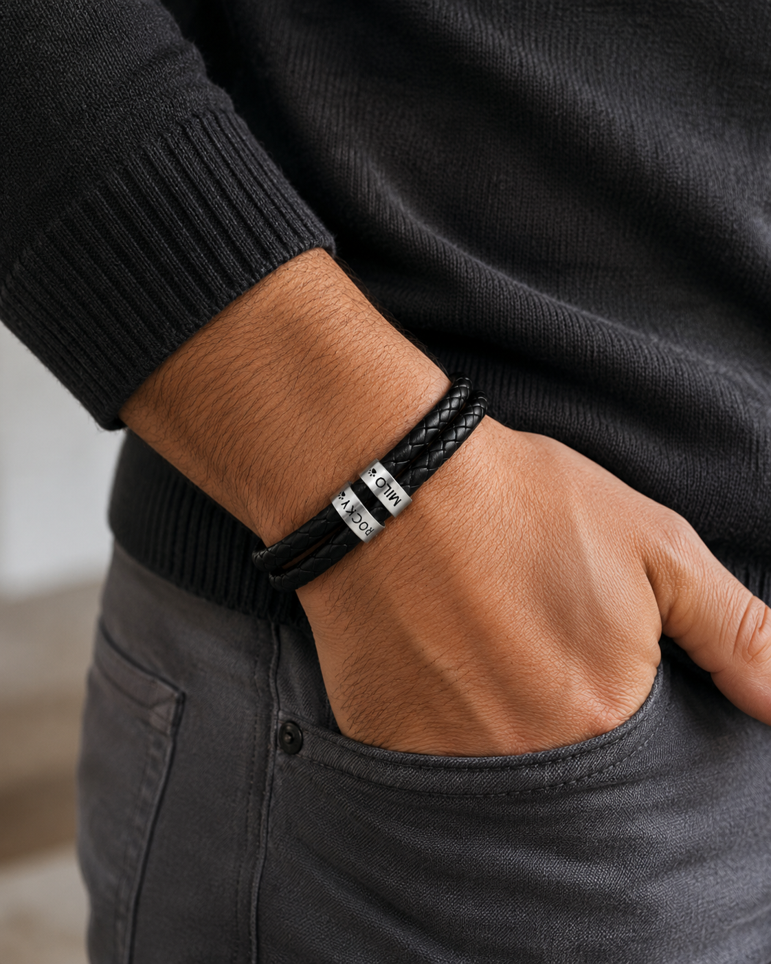 Engravable Black Braided Leather Bracelet with Stainless Steel Beads