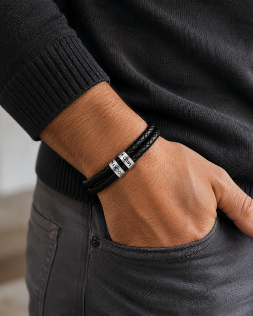 Engravable Black Braided Leather Bracelet with Stainless Steel Beads