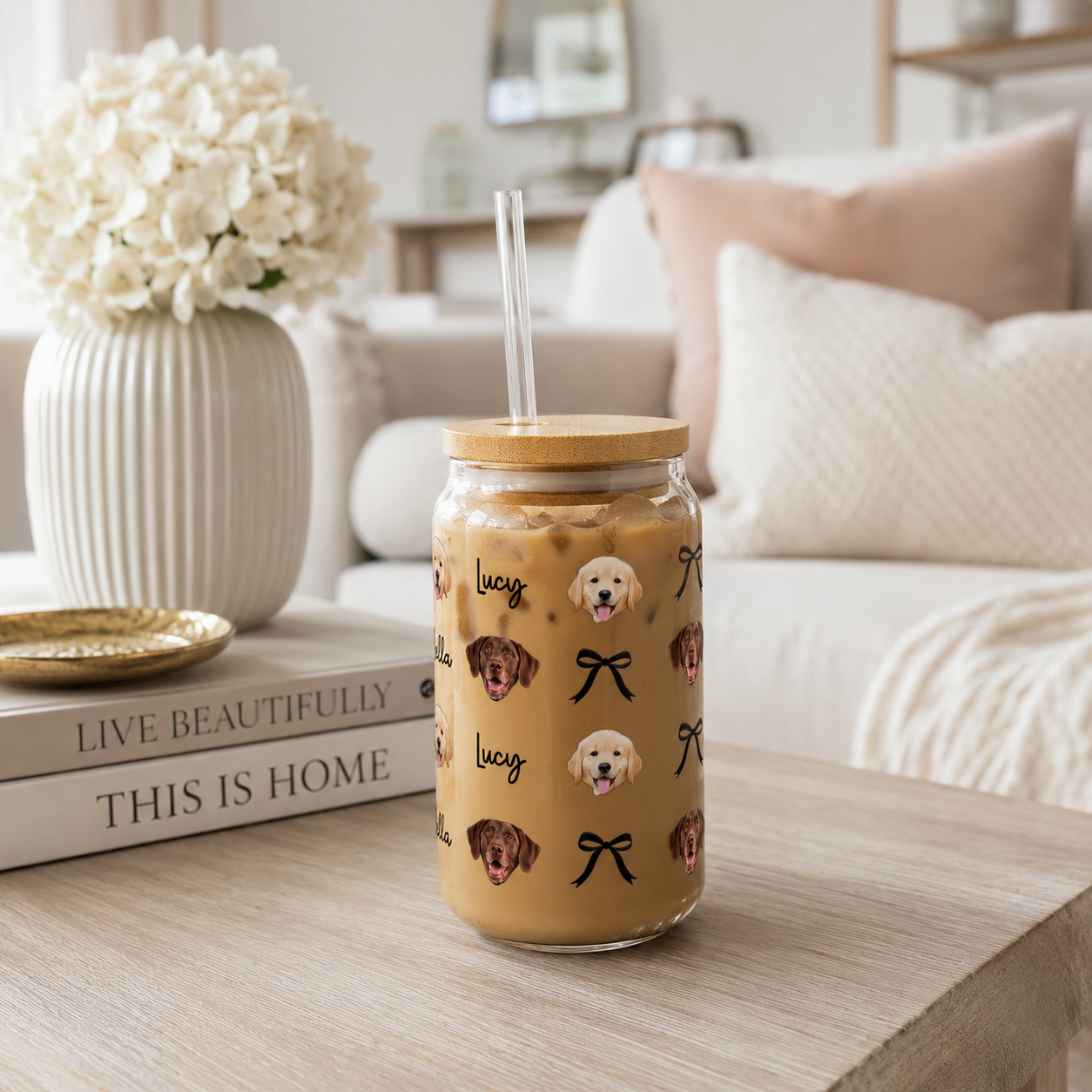 Personalized Dog Face Sipper Glass – 16oz Clear Tumbler with Bamboo Lid & Straw (Custom Name)