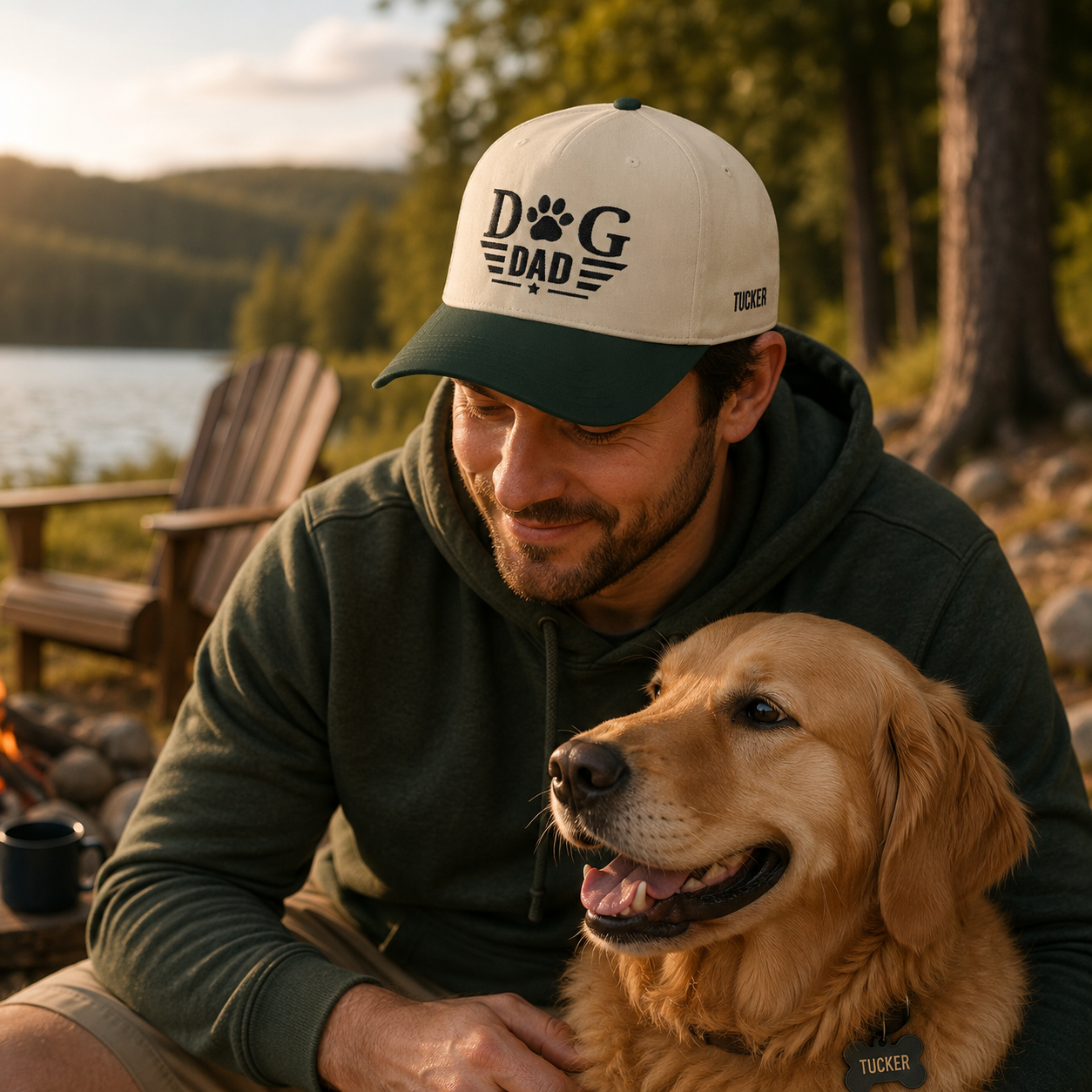 Man wearing a cap with 'Dog Dad' text, sitting with a golden dog by a lake.