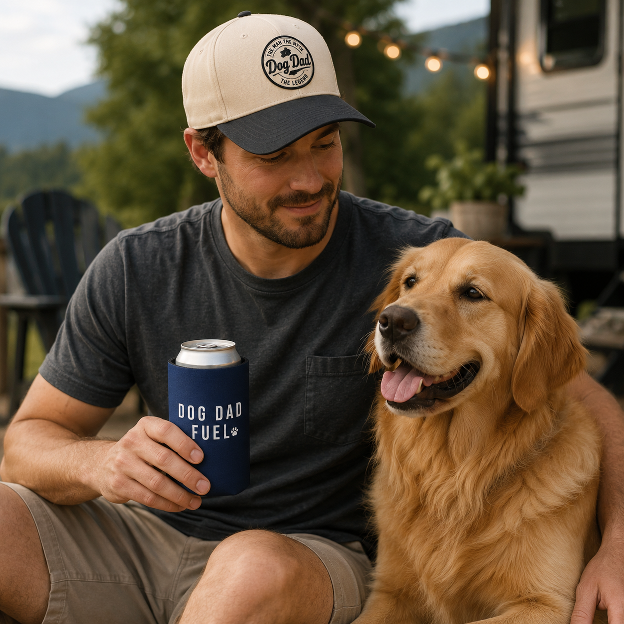 Dog Dad Fuel Can Cooler — Navy Can Koozie with Paw Print