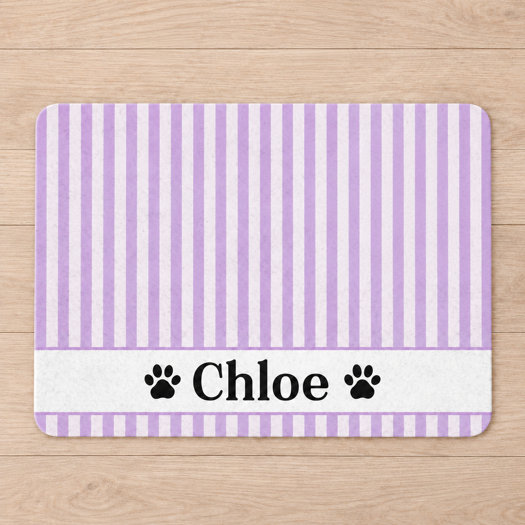 Personalized Purple Stripe Pet Food Mat – Custom Name Paw Print Placemat (12x18)