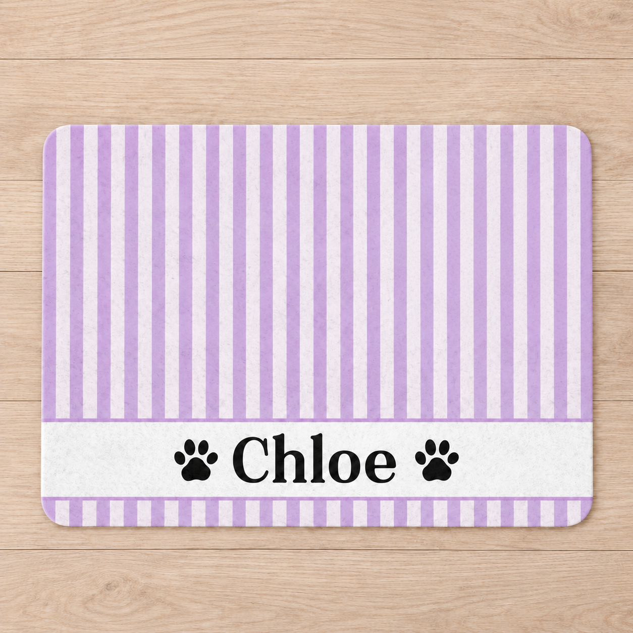 Personalized Purple Stripe Pet Food Mat – Custom Name Paw Print Placemat (12x18)