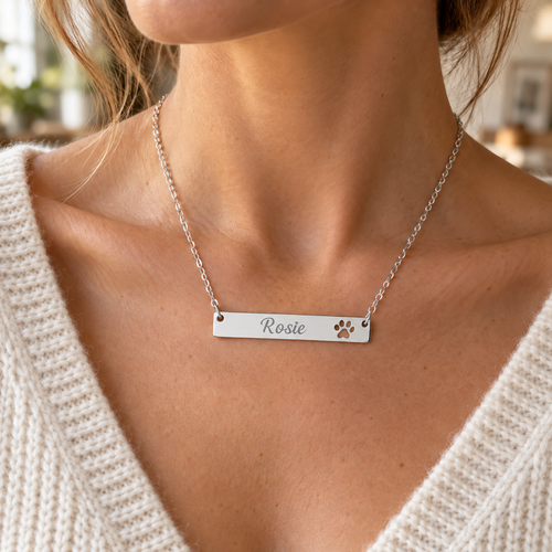 Engraved Paw Bar Necklace — Personalized Pet Name Jewelry