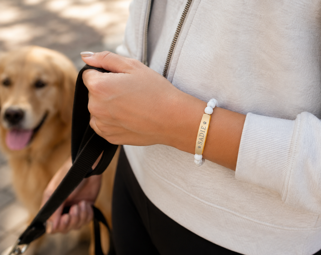 Engravable Natural Stone Stretch Bar Bracelet — Personalized Dog Name Beaded Bracelet