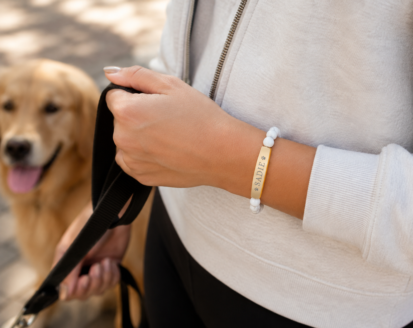 Engravable Natural Stone Stretch Bar Bracelet — Personalized Dog Name Beaded Bracelet