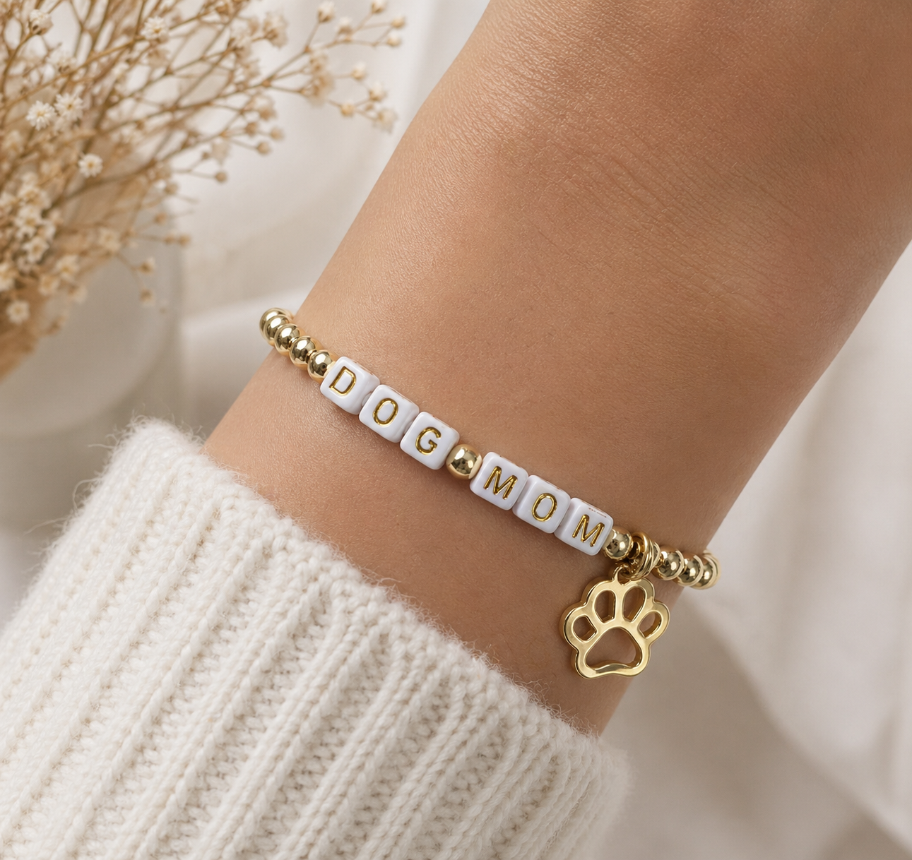 Gold Dog Mom Beaded Bracelet