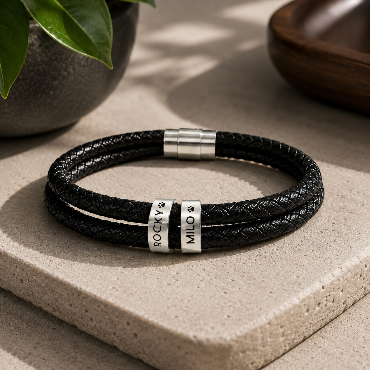 Engravable Black Braided Leather Bracelet with Stainless Steel Beads