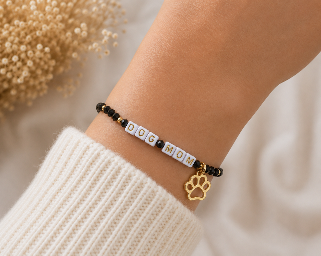 Black and Gold Dog Mom Beaded Bracelet