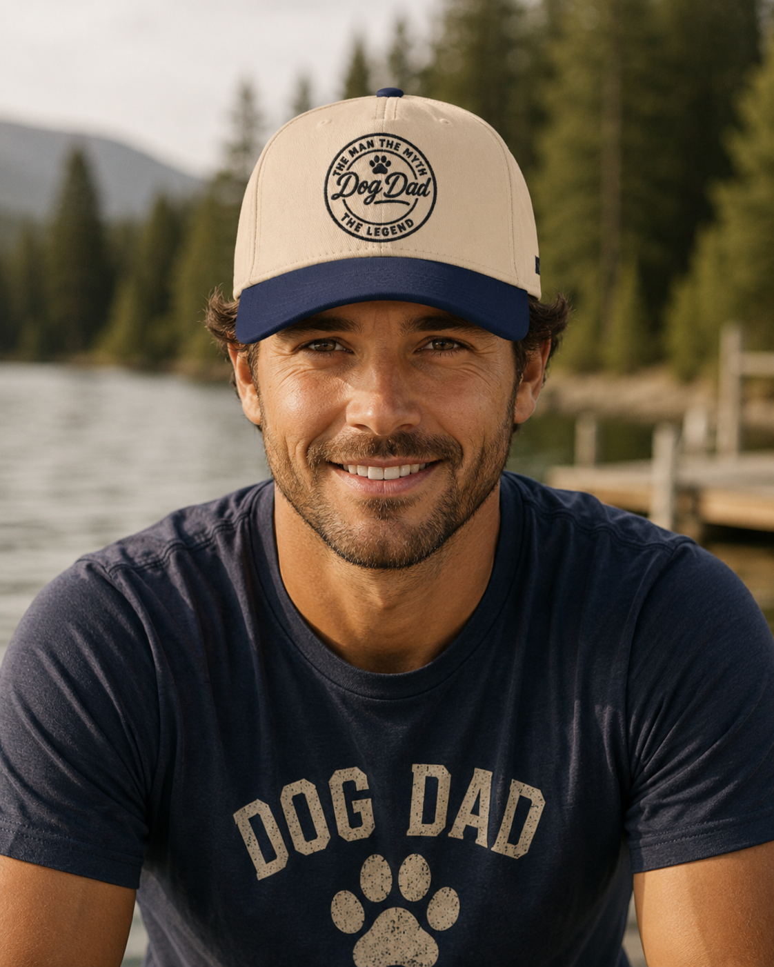 Man wearing a cap and 'Dog Dad' t-shirt by a lake with trees in the background