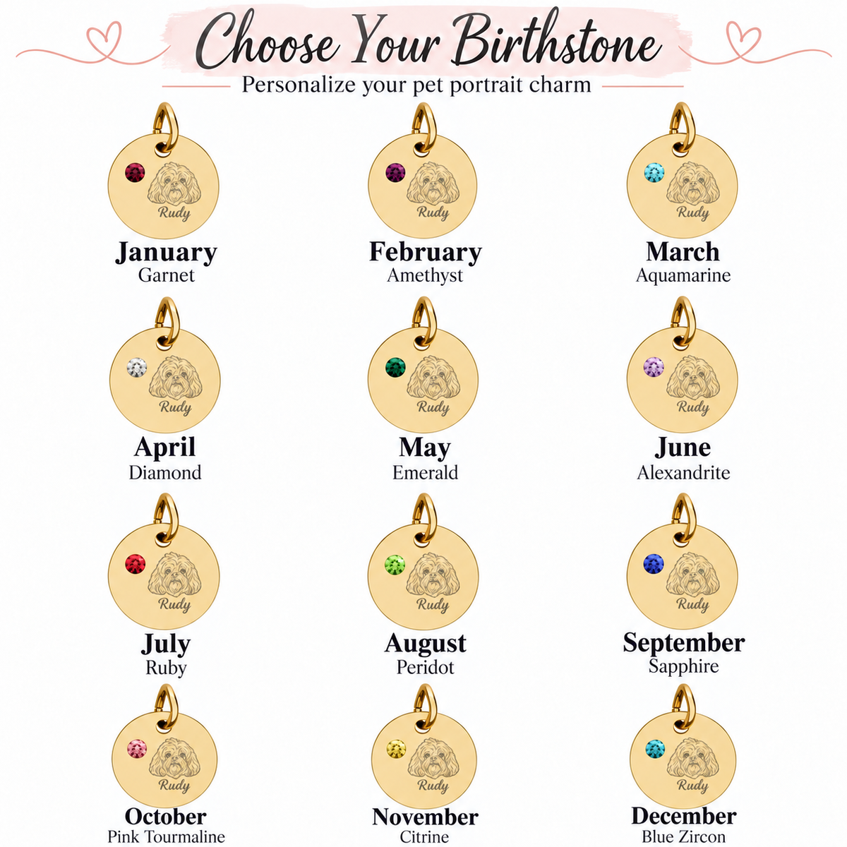 Engraved Birthstone Circle Charm — Personalized Pet Name & Birthstone Pendant