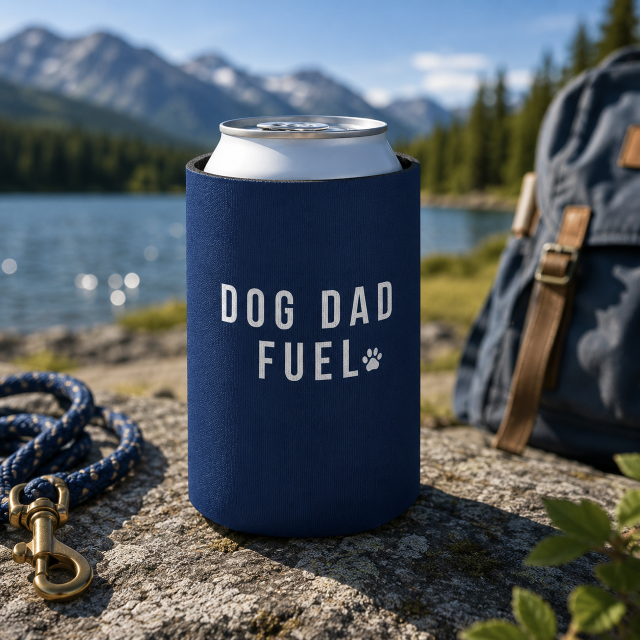 Dog Dad Fuel Can Cooler — Navy Can Koozie with Paw Print