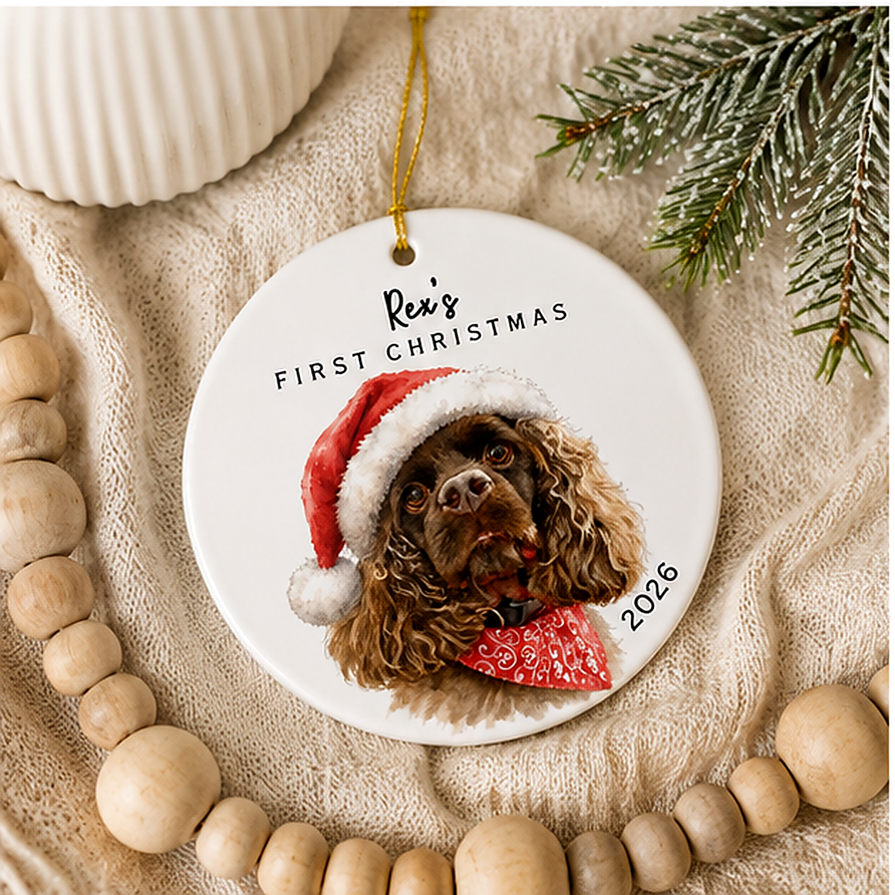 Personalized Pet Ornament — "Rex's First Christmas 2026" Ceramic Holiday Decoration