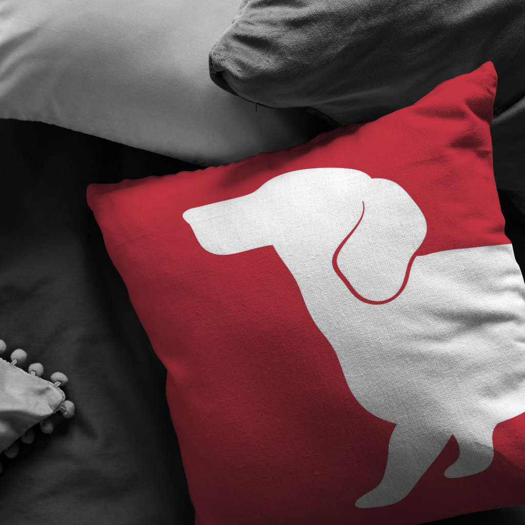 Red with a white Dachshund Head Pillow. Red with a white Dachshund Head Pillow. Matching pillows.