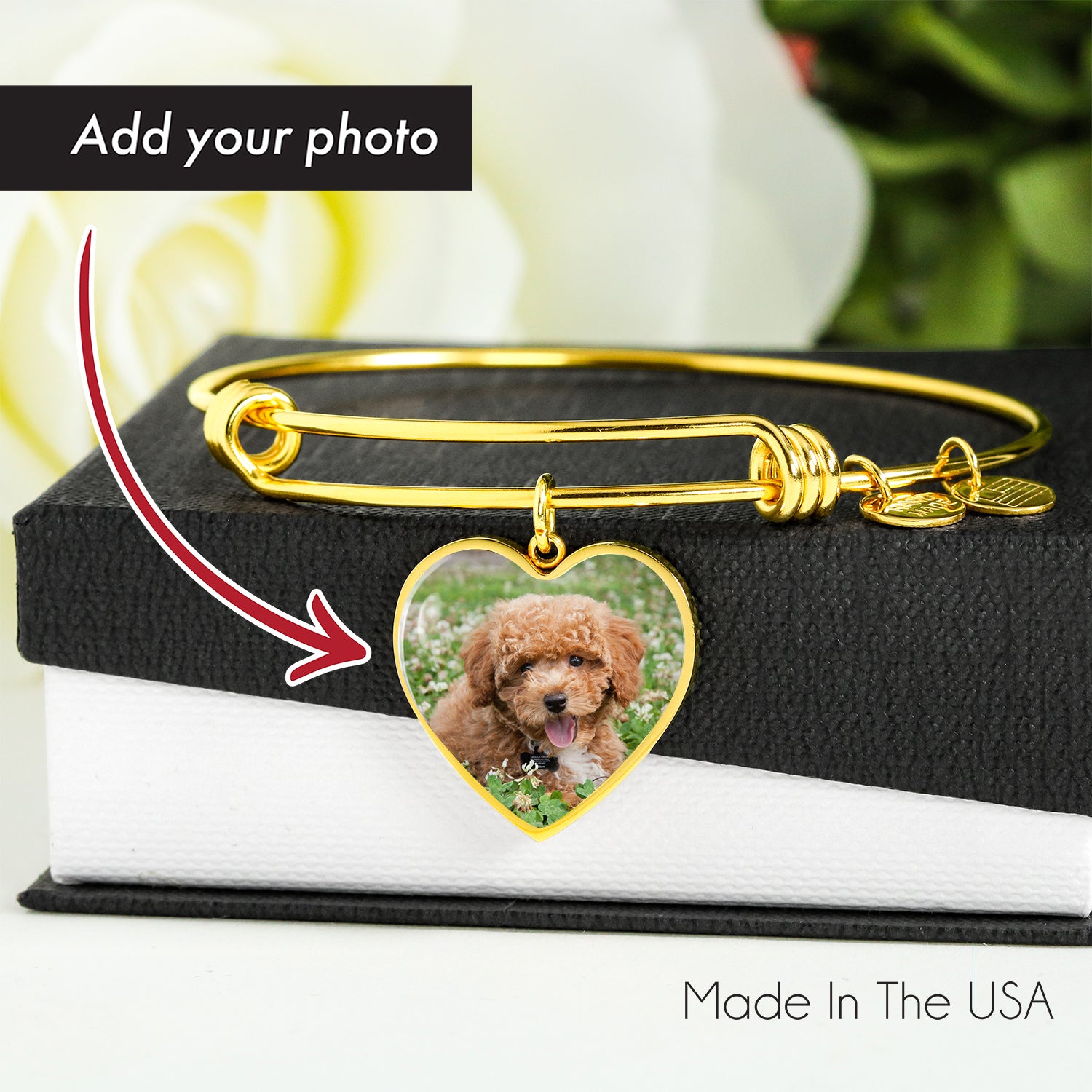 Custom Glass Coated Heart Charm Bangle Bracelet