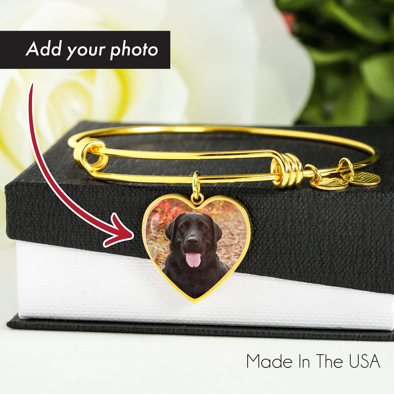 Custom Glass Coated Heart Charm Bangle Bracelet