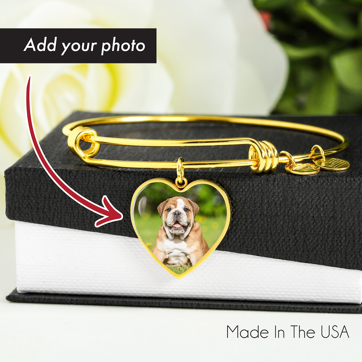 Custom Glass Coated Heart Charm Bangle Bracelet