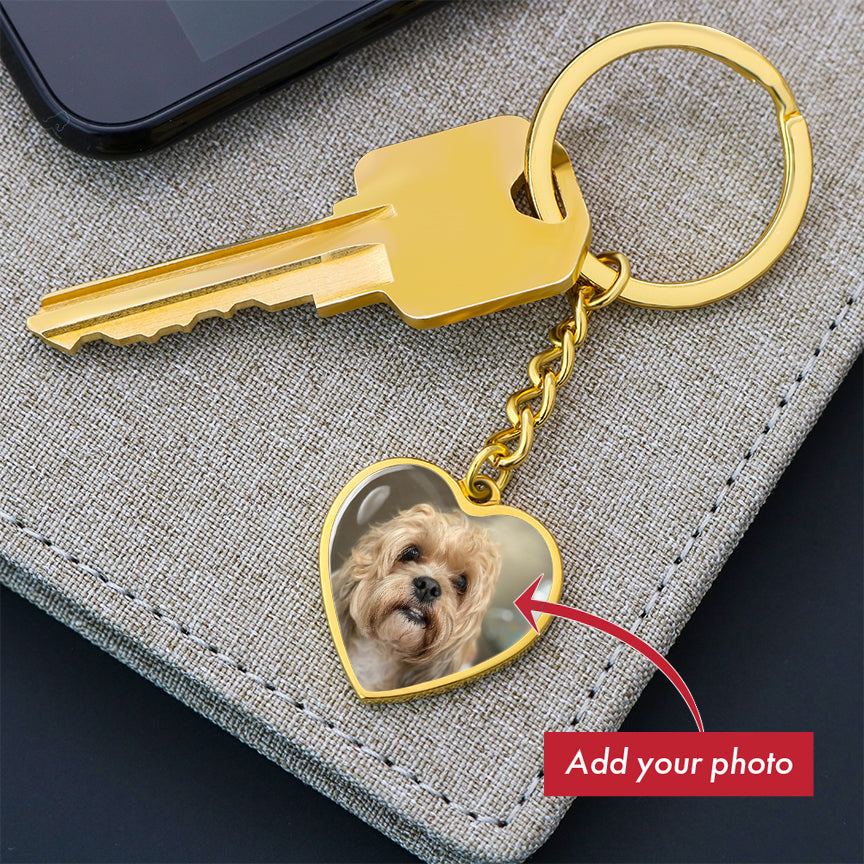 Gold Heart & Paw Customized Photo Heart Keychain. Perfect gift for dog lovers