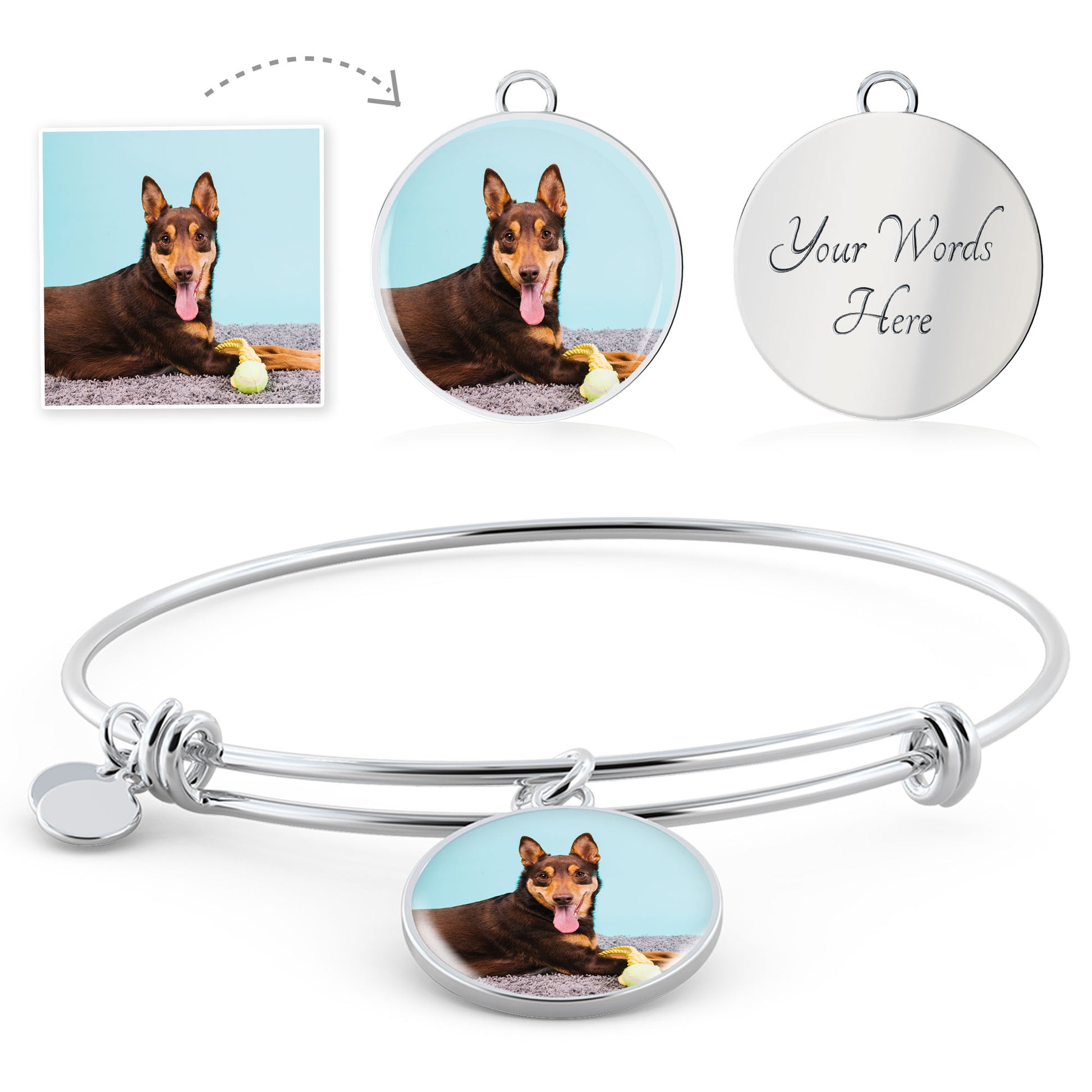 Custom Glass Coated Circle, Adjustable Bangle Bracelet with dog . Add you Dog Photo! Perfect gift for a dog lover.