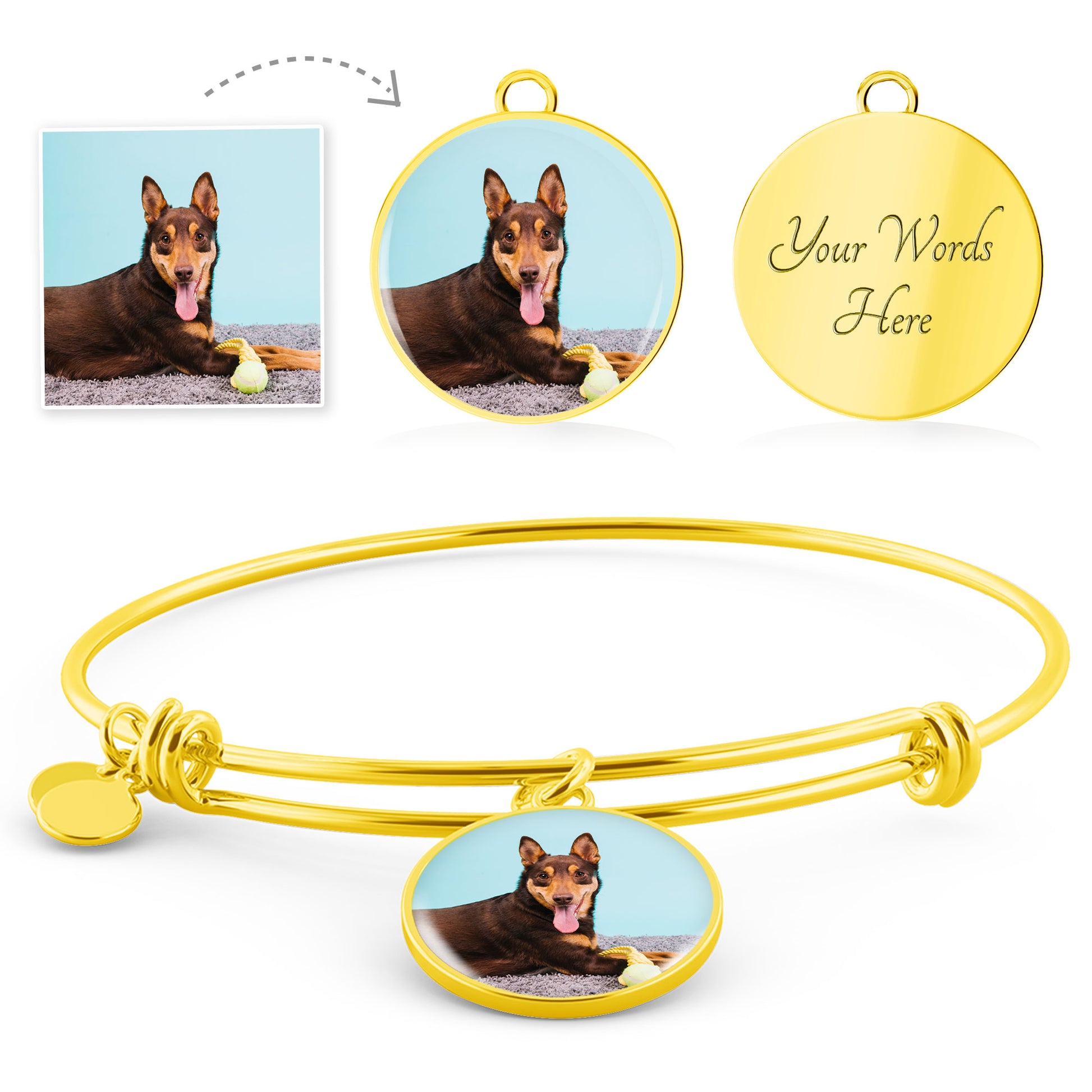 Gold Custom Glass Coated Circle, Adjustable Bangle Bracelet with dog . Add you Dog Photo! Perfect gift for a dog lover.