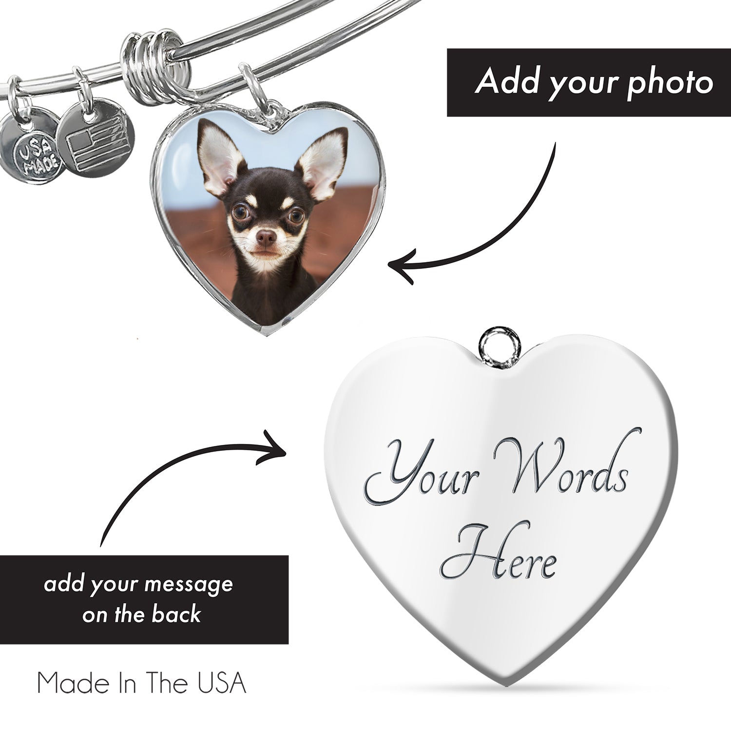 Custom Glass Coated Heart Charm Bangle Bracelet