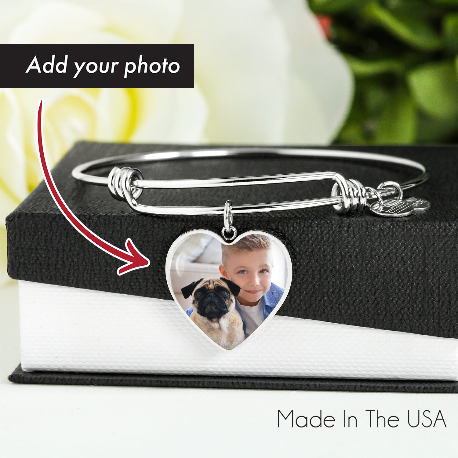 Custom Glass Coated Heart Charm Bangle Bracelet