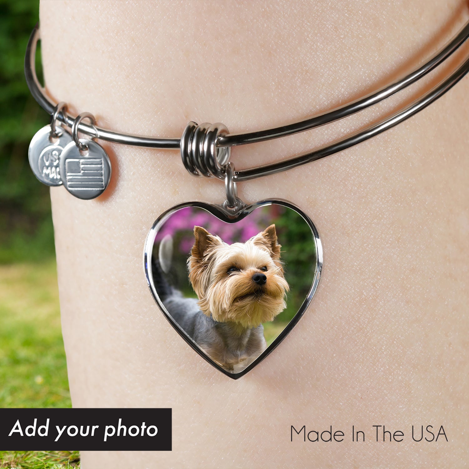 Custom Glass Coated Heart Charm Bangle Bracelet
