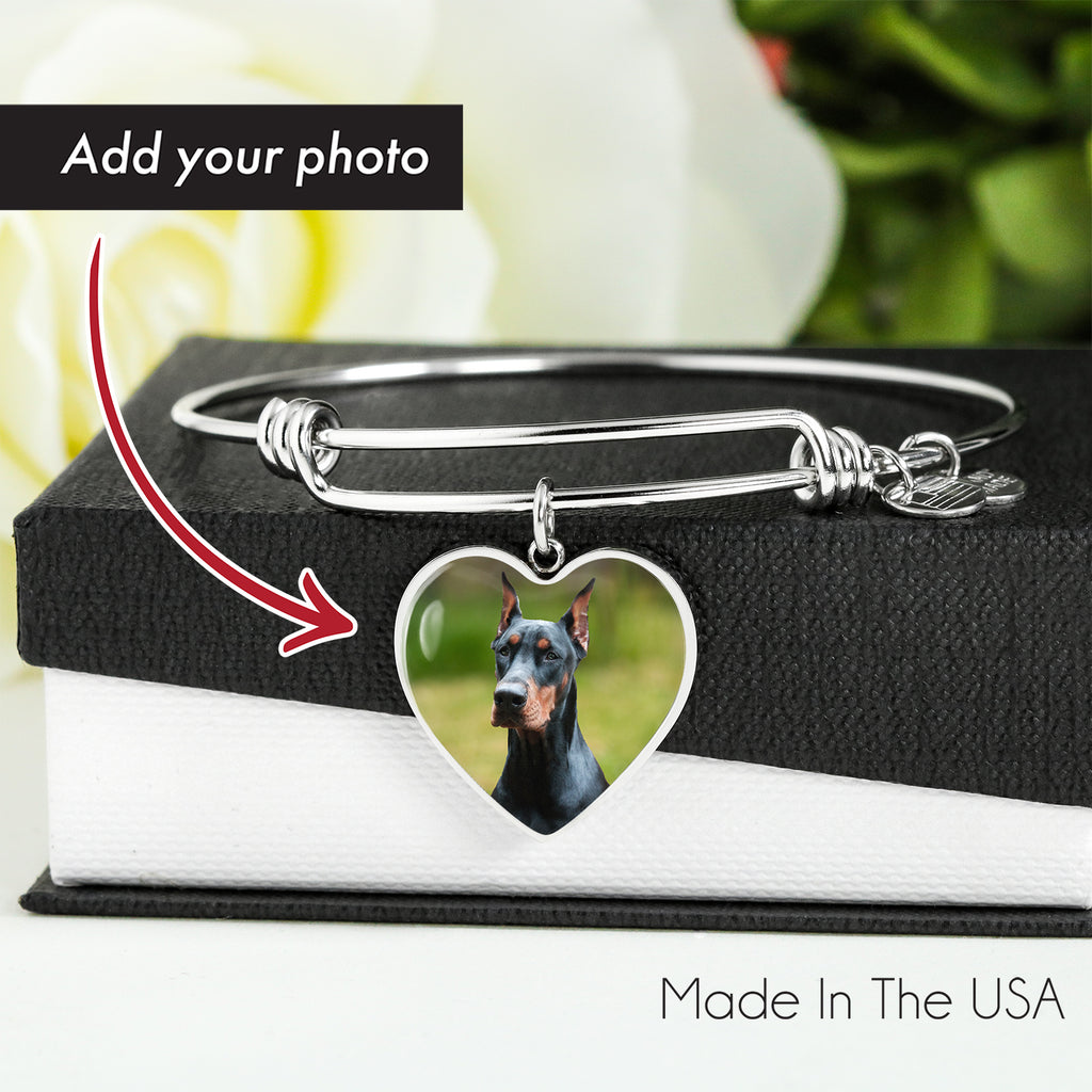 Custom Glass Coated Heart Charm Bangle Bracelet