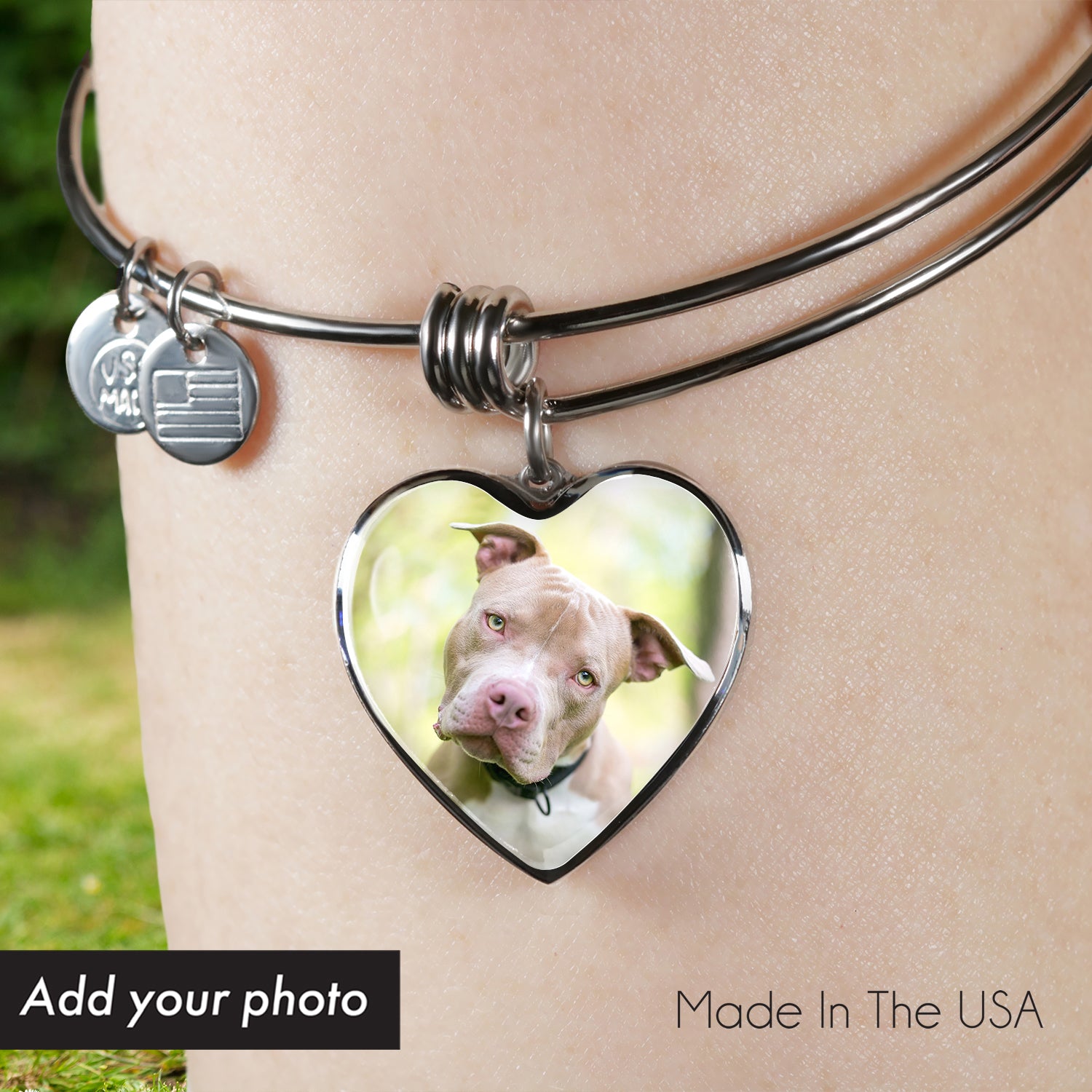 Custom Glass Coated Heart Charm Bangle Bracelet