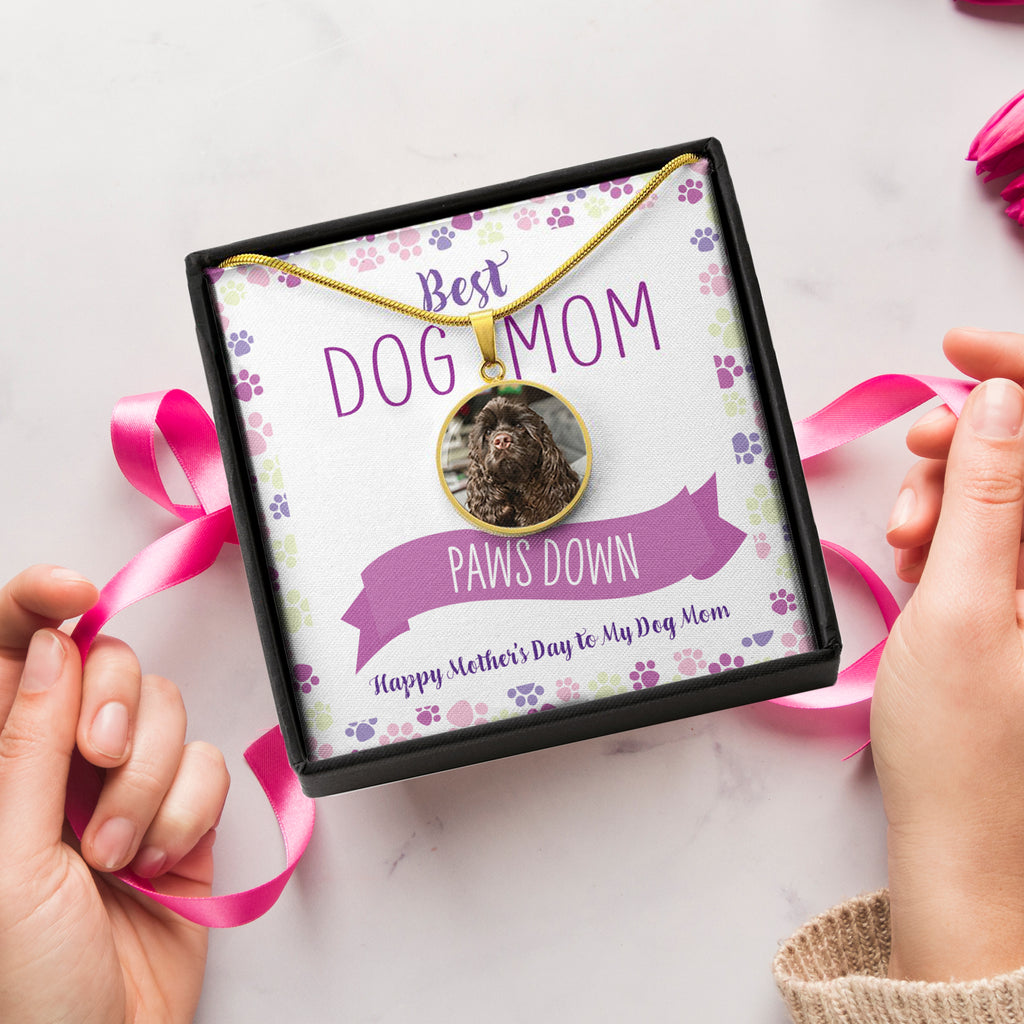 Gold Customized Circle Photo Necklace "Best Dog Mom"