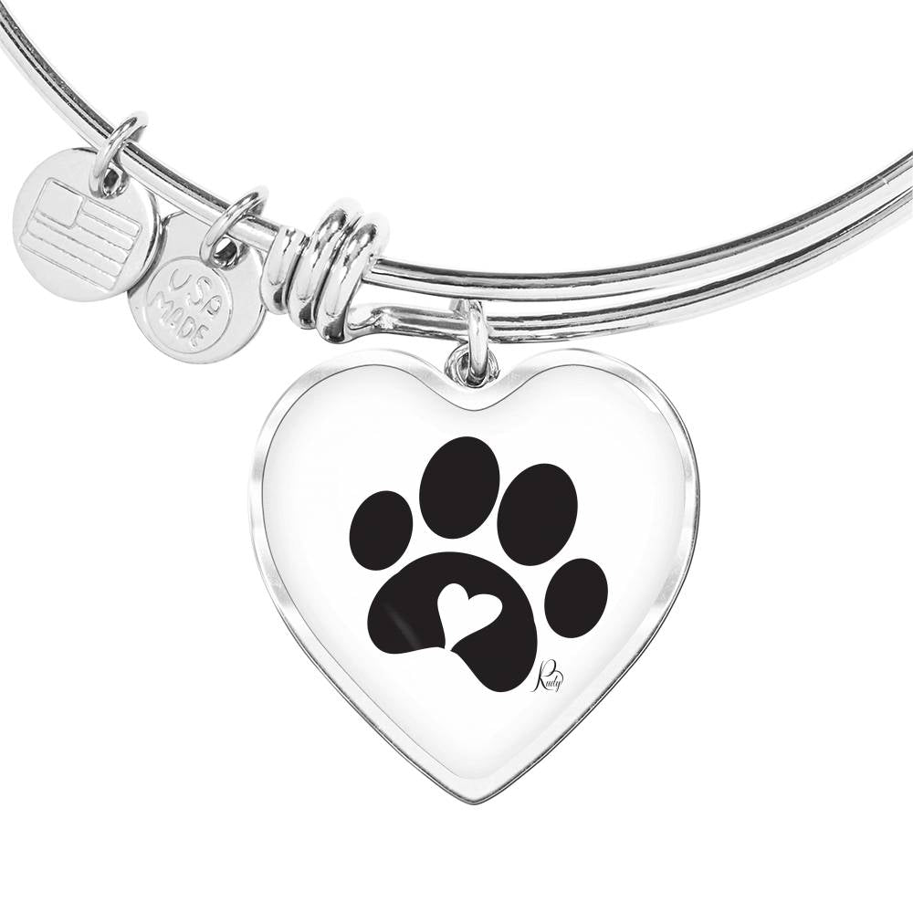 Heart pendant with paw print adjustable bangle 