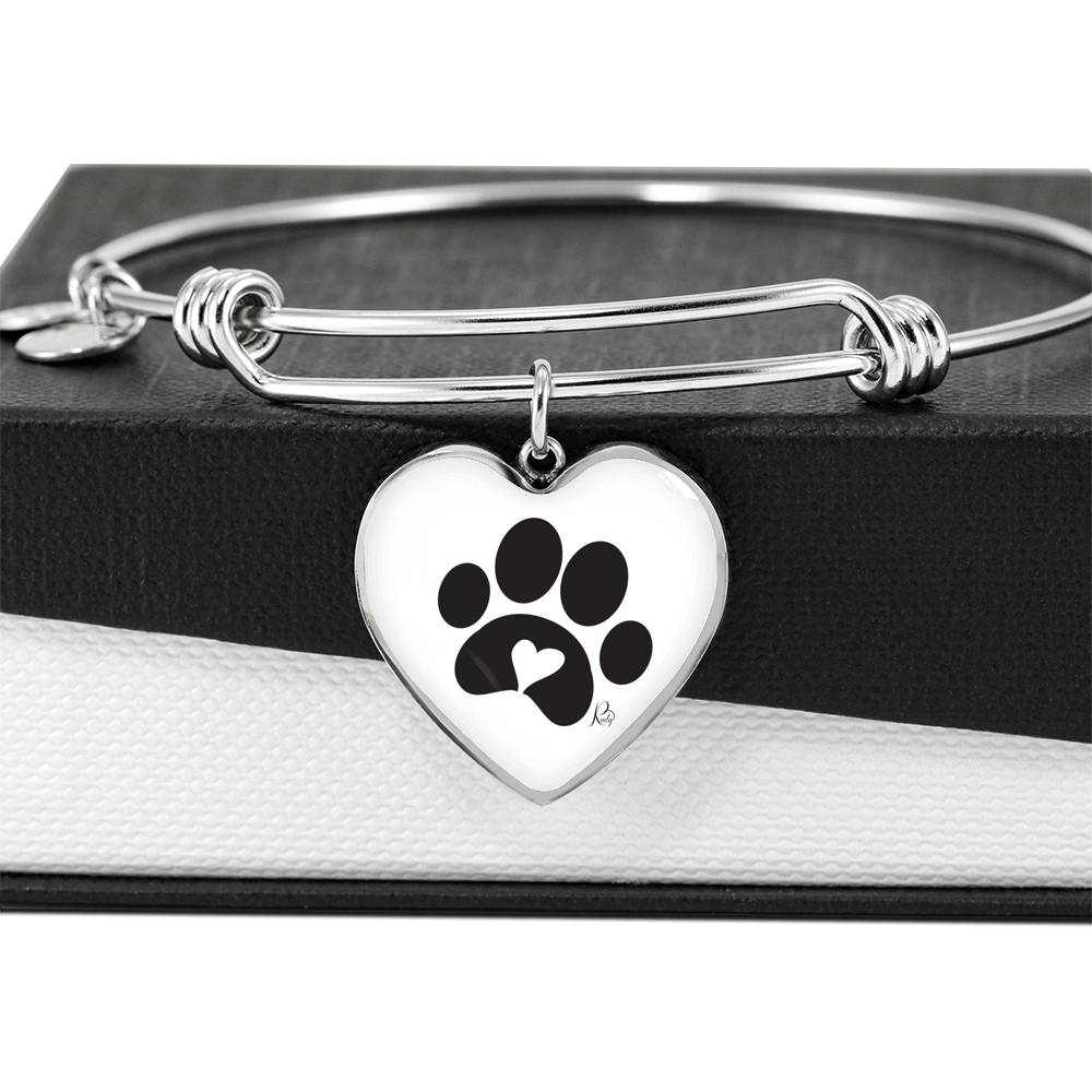 Heart pendant with paw print adjustable bangle 