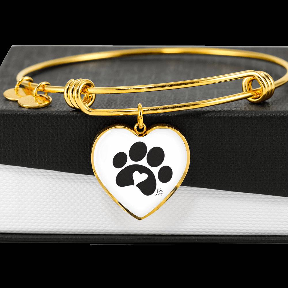 Heart pendant with paw print adjustable bangle 