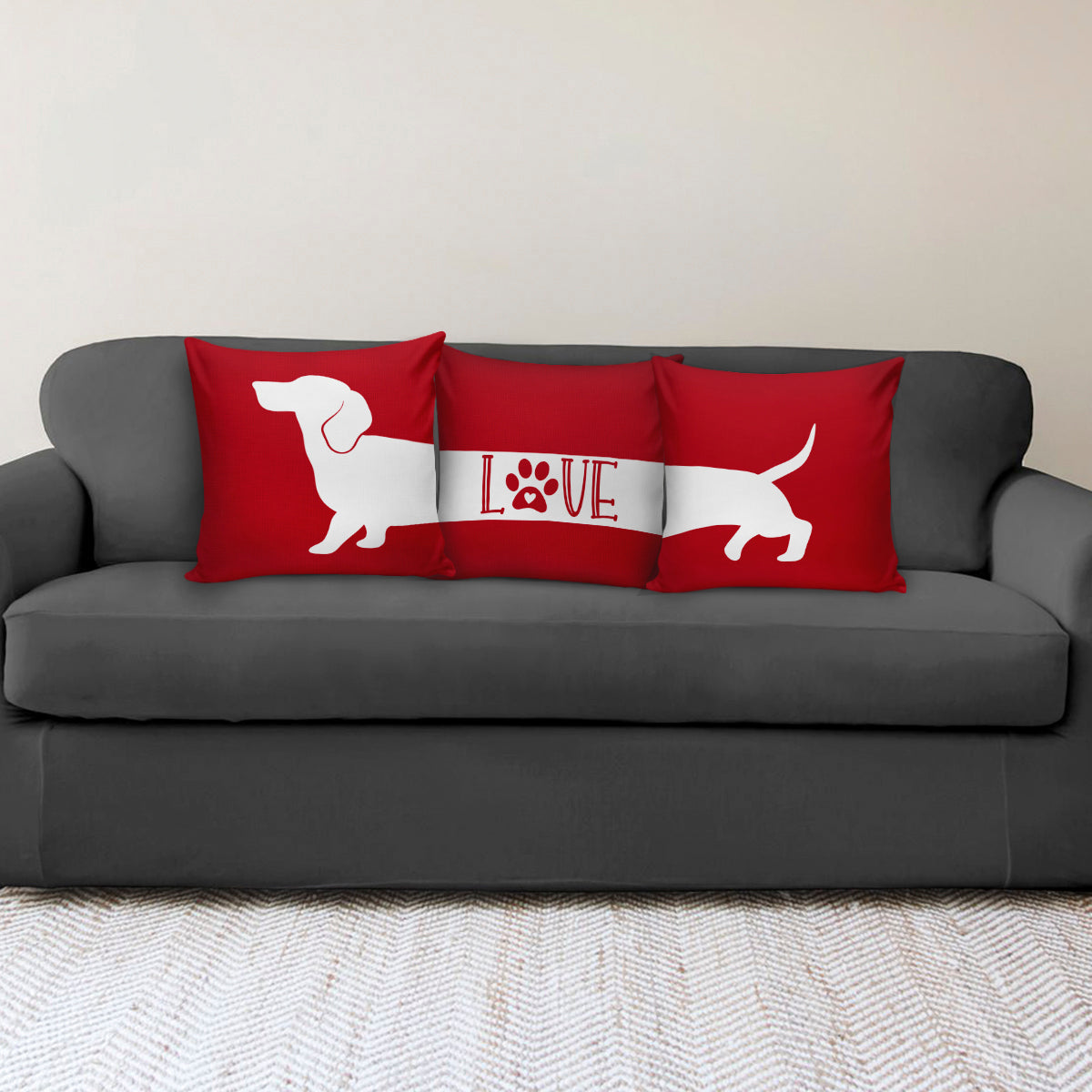 Red and white Dachshund Love Middle Pillow. Red with a white Dachshund Head Pillow. Matching pillows.